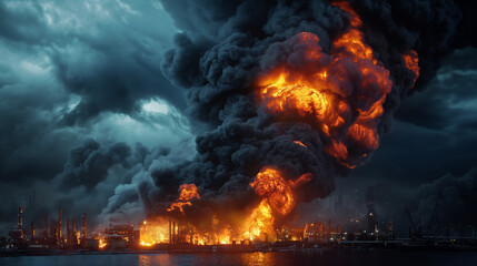 Large fire with a powerful explosion at an oil refinery. Huge cloud of black smoke