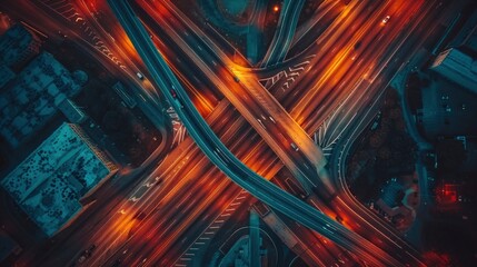 A striking, aerial view of a complex highway interchange, with intertwined roads and ramps at dusk - obrazy, fototapety, plakaty
