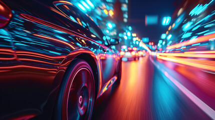 Close-up beside the back of a sport car with a colorful speed blur inside a night city as a blurry background