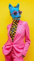 fashion photography of a woman in a pink suit with a blue dog mask and sunglasses, a checkered shirt on a yellow background, neon colors, in the style of various artists
