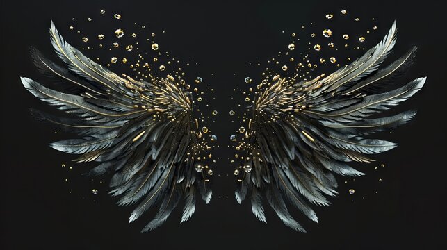 A symmetrical pair of metallic angel wings spread wide against a dark background, symbolizing freedom, spirituality, and celestial power. Perfect for themes like protection and divinity.