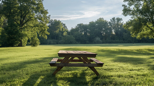 Empty wooden picnic table on a summer meadow. Beautiful trees in the background