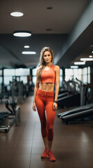 Beautiful caucasian Young Woman with long blond hair and orange Fitness clothes standing up inside a blurry gym set