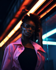 Obraz premium Beautiful Fashion Black Model with a satiny pink blouse over a black top into a night city street with many neons as a blurry background