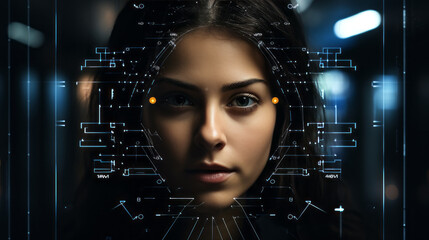 Futuristic Face scanning system with circular thin lines in front of a caucasian Woman front face with long black hair and blurry dark background - obrazy, fototapety, plakaty