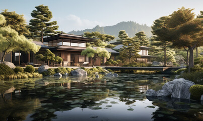 Produce a peaceful wellness retreat incorporating elements of traditional Japanese architecture and natural beauty