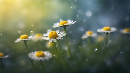 Camomile flowers in summer rain, macro photo nature meadow, dewy wildflowers close-up