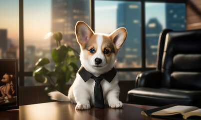 a baby corgi dressed in a black suit, white shirt, and bow tie, wearing leather shoes in a clean...