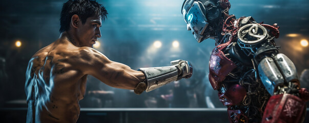 the intensity of a robot boxing fight, blending Thai boxing techniques with cyborg machine precision in a fierce competition