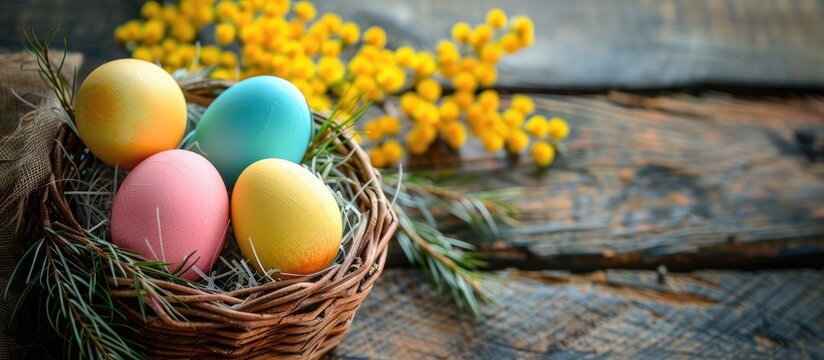 Easter eggs in a variety of colors placed in a basket alongside mimosa flowers on a wooden table, captured from above with space for text.