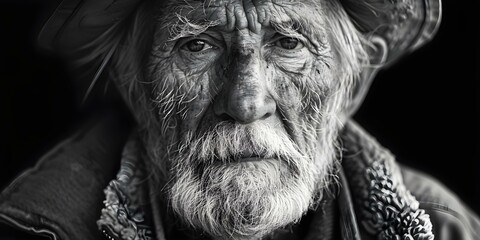 Portrait of an elderly adventurer in black and white, capturing the impact of time. Concept Elderly Adventurer, Black and White, Timeless Impact, Portrait Photography, Aging Gracefully