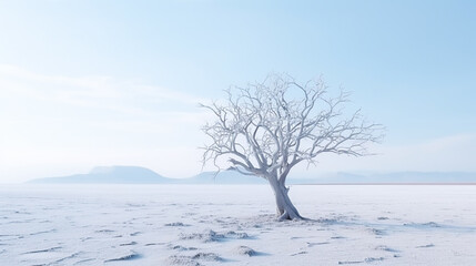 Fototapeta na wymiar alone big tree in the desert, winter season, white and clean environment, cinematic scene, minimal concept