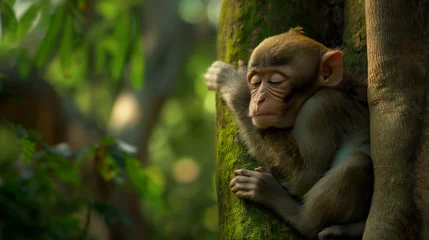 Fototapete Rund Sleeping monkey sleeps hugging a tree against the background of the jungle © GeorgeAI