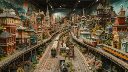 A panoramic view of a sprawling, intricate model train set, complete with miniature buildings, trains, and landscapes