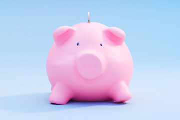 Vibrant Pink Piggy Bank Centered on Pastel Blue Background - Financial Concept