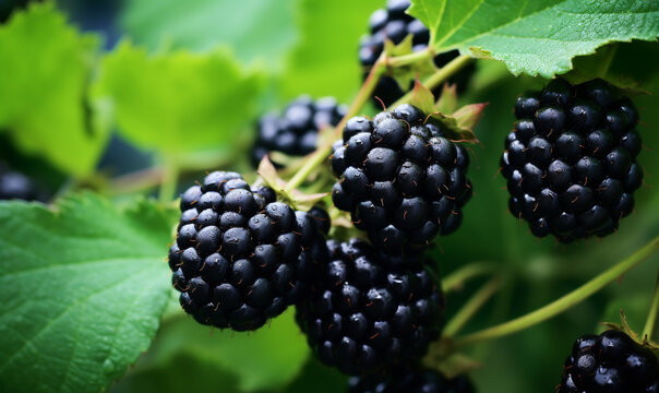 Blackberries grow in the garden Ripe and unripe blackberries on a bush