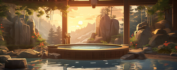 Create a tranquil scene inspired by a peaceful Japanese hotspring - obrazy, fototapety, plakaty
