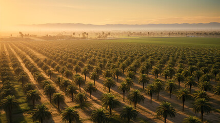 Fototapeta premium Delve into the agricultural heart of California with aerial vistas of palm tree farms against a morning sky, showcasing the harmony of nature and industry