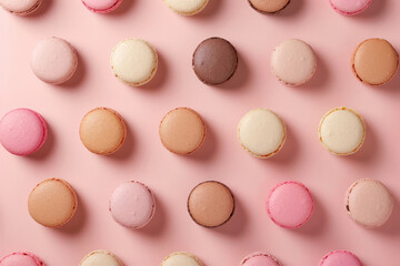 assortment of colorful french macarons on pink background