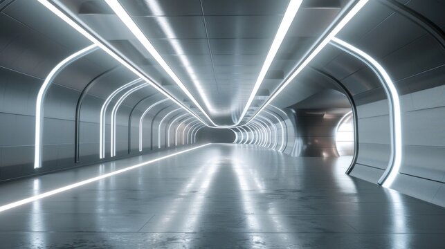 Interior design. Neon light tunnel and silver road on white background