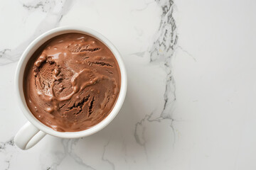 close up of rich and creamy chocolate ice cream in a white bowl, free space for text  - obrazy, fototapety, plakaty