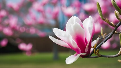 Subject Blurred nature background with magnolia spring blooming garden