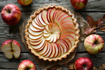 beautifully arranged normandy apple tart with apple slices on ceramic glass  plate - obrazy, fototapety, plakaty