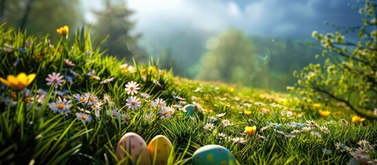 A meadow in spring with Easter eggs concealed among the greenery - obrazy, fototapety, plakaty