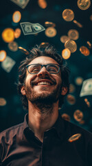 Happy man on a dark background with flying coins and bills in the background, be sure to leave space for text. the photo will illustrate a happy and successful life separated keywords  by commas - obrazy, fototapety, plakaty