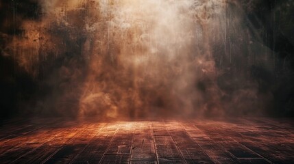 Abstract stage with smoky dust background, dark floor, and hint of spotlight. - obrazy, fototapety, plakaty