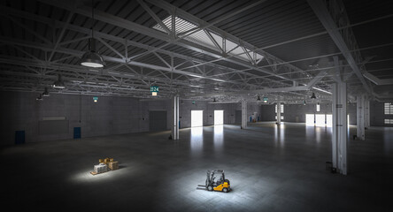 Empty industrial warehouse interior with forklift