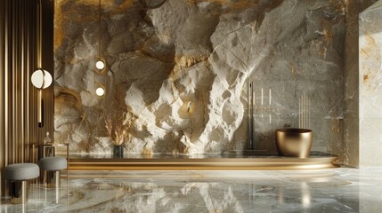 Luxurious interior with stone wall, marble floor, and golden accents