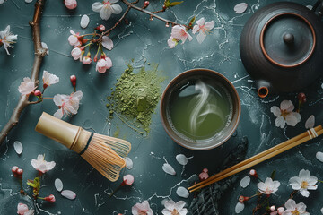 Japanese tea ceremony set with steaming matcha and cherry blossoms on dark background