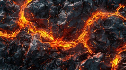 Fiery lava texture flowing like a river against a rocky background