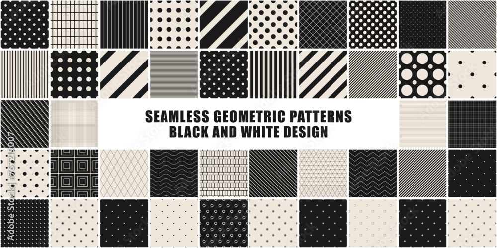 Leinwandbilder Collection of vector black and white seamless patterns. Simple dotted and striped geometric textures - repeatable backgrounds. Monochrome unusual design, minimalistic textile prints