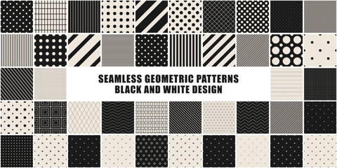 Collection of vector black and white seamless patterns. Simple dotted and striped geometric textures - repeatable backgrounds. Monochrome unusual design, minimalistic textile prints - 767219007
