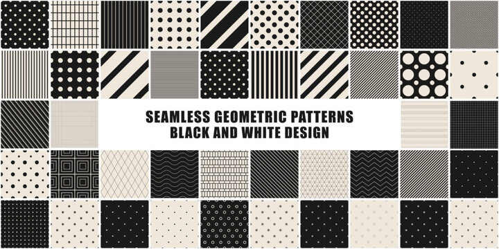 Collection of vector black and white seamless patterns. Simple dotted and striped geometric textures - repeatable backgrounds. Monochrome unusual design, minimalistic textile prints