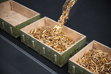 Automated Conveyor Belt System Filled with Ammo Boxes and Shiny Bullet Casings