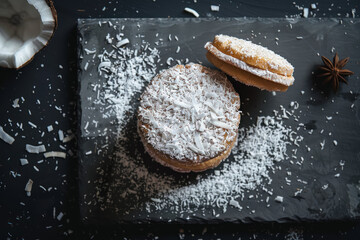 alfajores cookies with coconut flakes and dulce de leche on slate - obrazy, fototapety, plakaty
