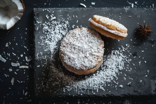 alfajores cookies with coconut flakes and dulce de leche on slate