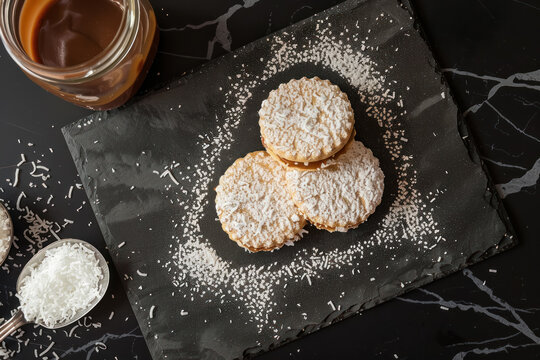 alfajores cookies with coconut flakes and dulce de leche on slate