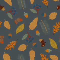 Obraz premium Seamless pattern with different nature elements: leaves, mushrooms, berries, acorns and cones. Natural objects illustration. Season endless background. Forest goods print. Cosy autumn pattern.