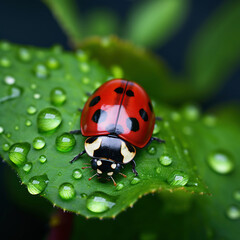 Fototapeta premium ladybug on green leaf with water drops close-up macro