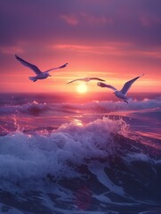 Sunset seagulls fly in a blurred sky