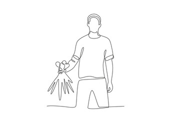 Man picking onions.People picking herbs or veggie one-line drawing