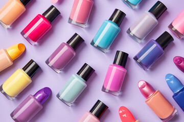 colorful array of nail polish bottles on purple background