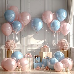 Pink and blue balloons and presents, gender reveal party