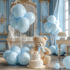 Blue balloons, cake and teddy bear and in elegant living room, gender reveal party or baby shower