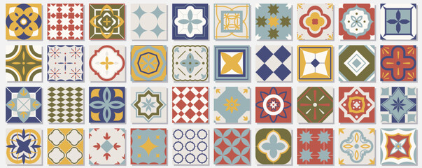 Collection of seamless geometric mosaic patterns - color tile textures. Decorative endless ornamental east backgrounds. Vector repeatable symmetric prints - 767219692