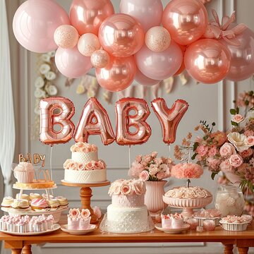 Baby shower photo with rose gold, pink balloons, flowers, and cakes